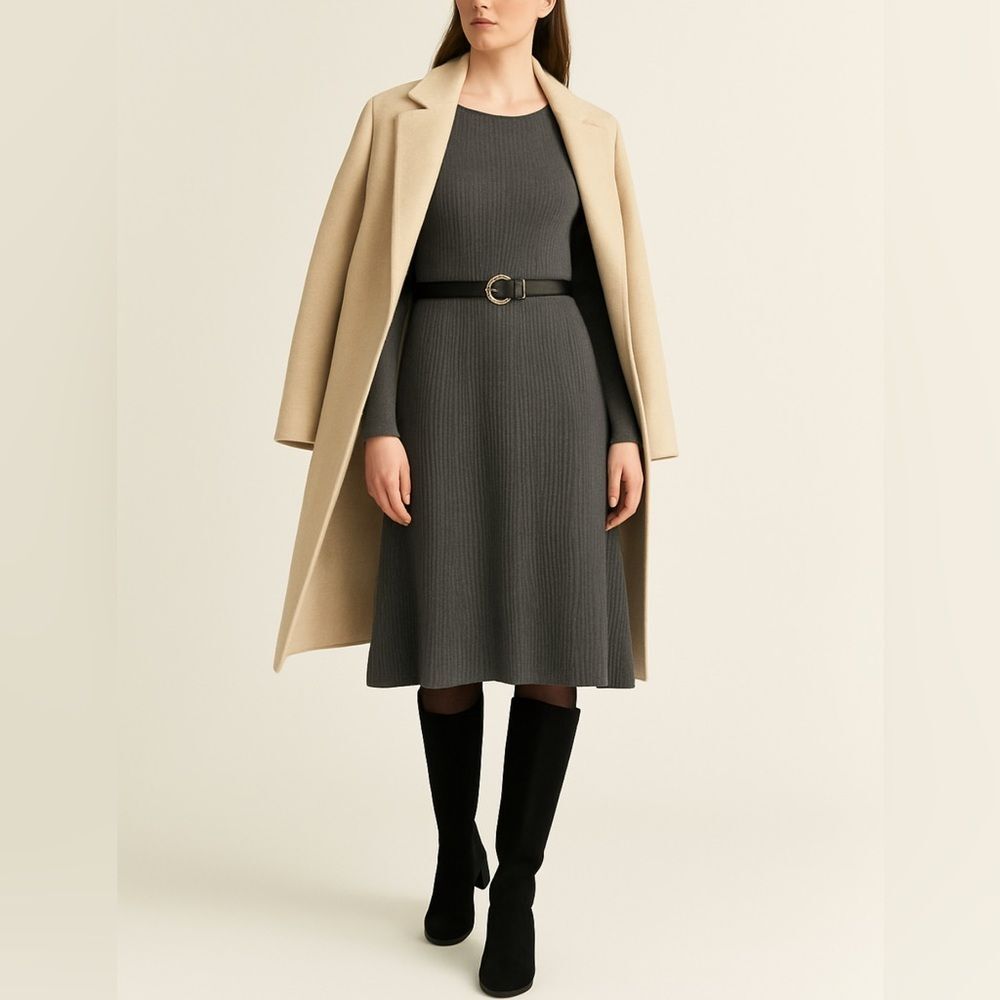 Eileen Fisher 100% Wool Charcoal Rib Knit Sweater Midi Dress M